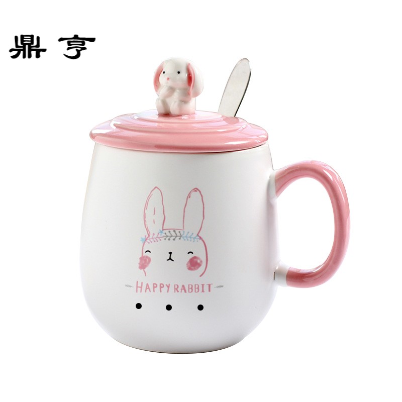 鼎亨3d立体浮小兔动物马克杯大肚带盖勺咖啡牛奶创意陶瓷杯可爱