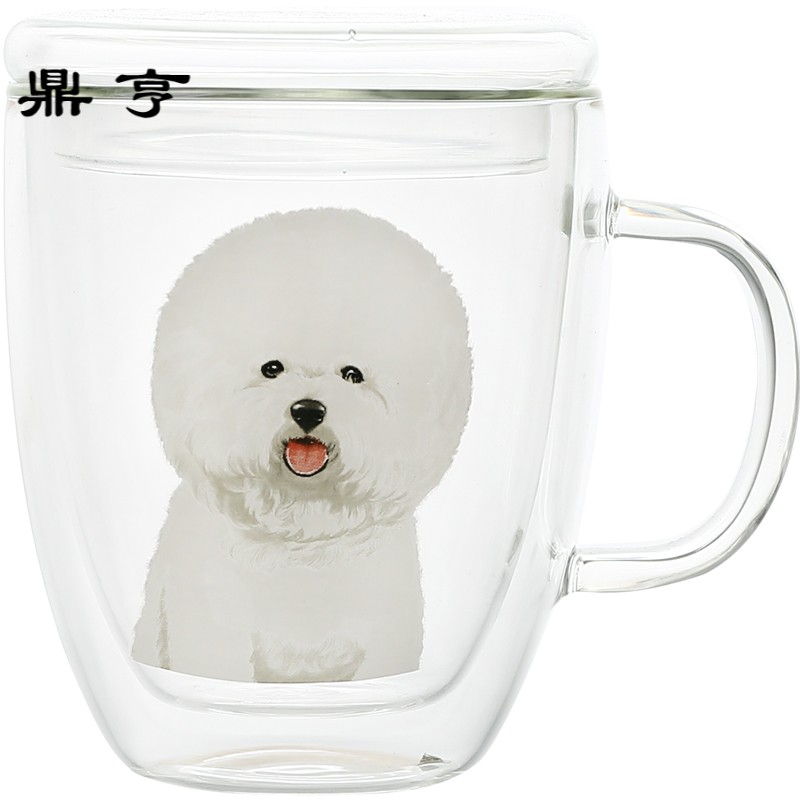 鼎亨包邮可爱比熊萌宠耐热双层玻璃杯透明玻璃花茶杯玻璃咖啡杯果