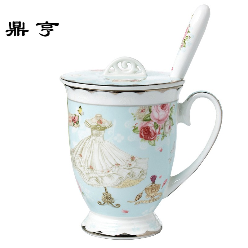 鼎亨韩版简约马克杯子创意陶瓷欧式可爱骨瓷咖啡杯水杯带盖勺茶杯