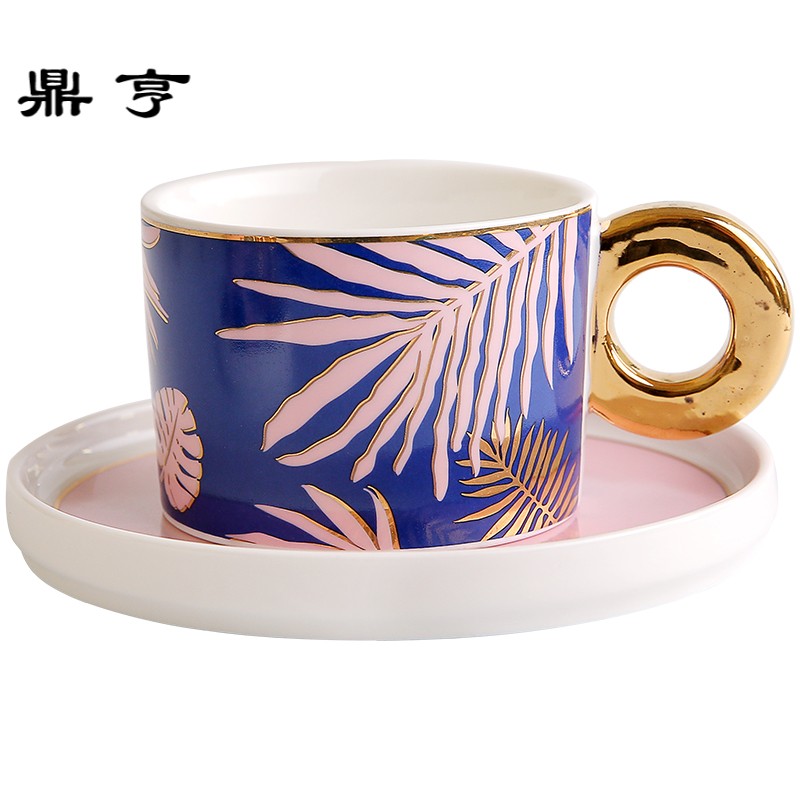 鼎亨 炫叶 ins风描金陶瓷咖啡杯碟套装家用茶杯办公室水杯