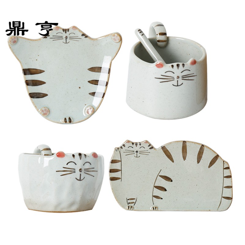 鼎亨日式萌物猫咪陶瓷杯手工咖啡杯带碟带勺卡通趣味水杯礼品