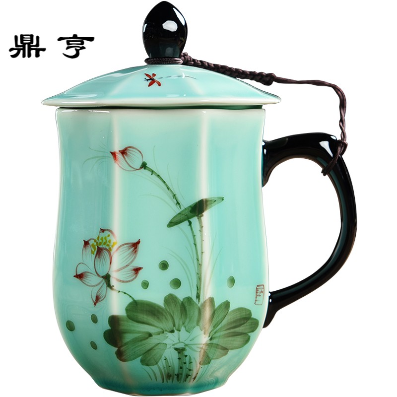 鼎亨白瓷手绘荷花茶杯家用陶瓷带盖个人水杯办公室功夫茶具创意会