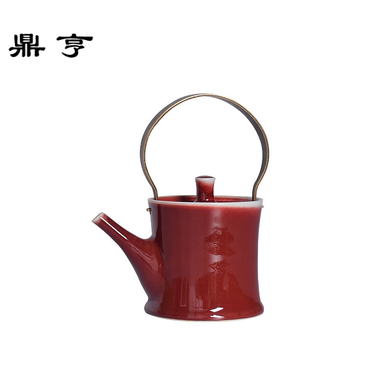 鼎亨陶瓷大茶壶景德镇高温祭红釉功夫茶具家用小号咖啡壶红色铜提