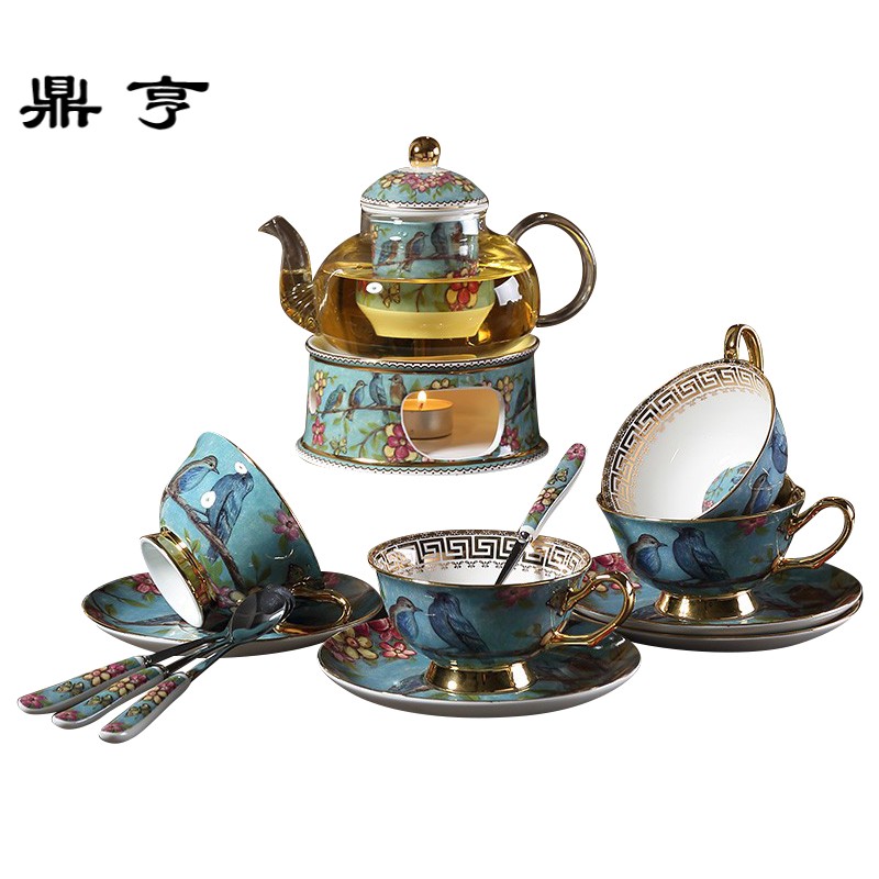 鼎亨田园风花茶壶套装欧式陶瓷蜡烛加热底座家用下午茶茶具带过滤