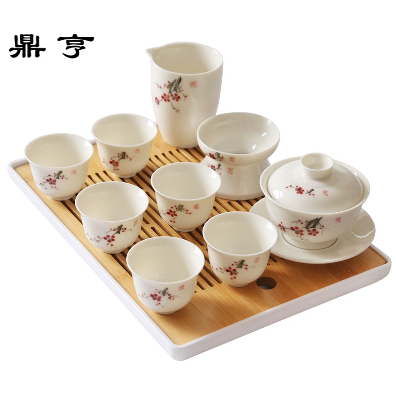 鼎亨 白瓷手绘釉下彩茶具套装 家用盖碗茶杯整套陶瓷礼品礼盒茶具