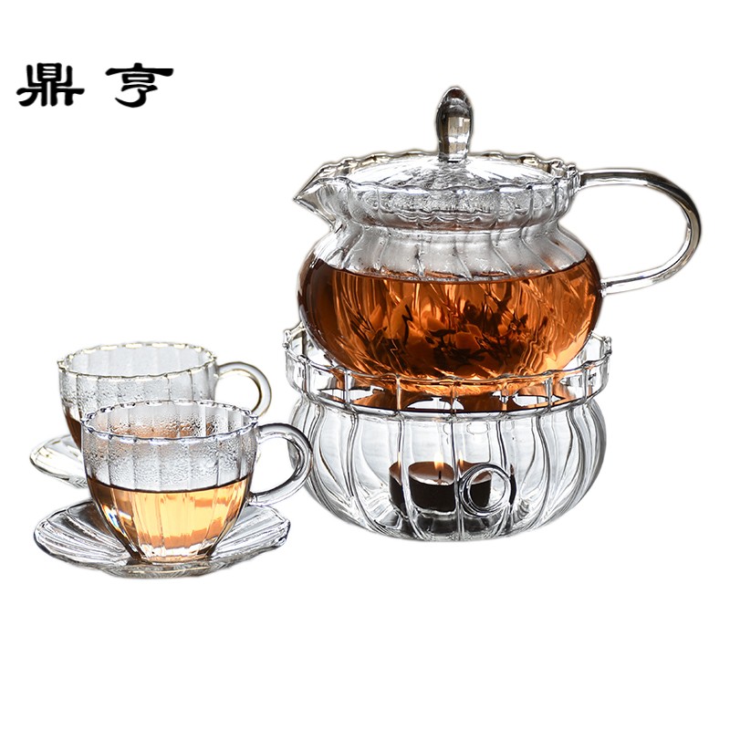 鼎亨欧式复古条纹玻璃壶 煮泡水果茶壶 加热炉 耐高温茶具套装 带