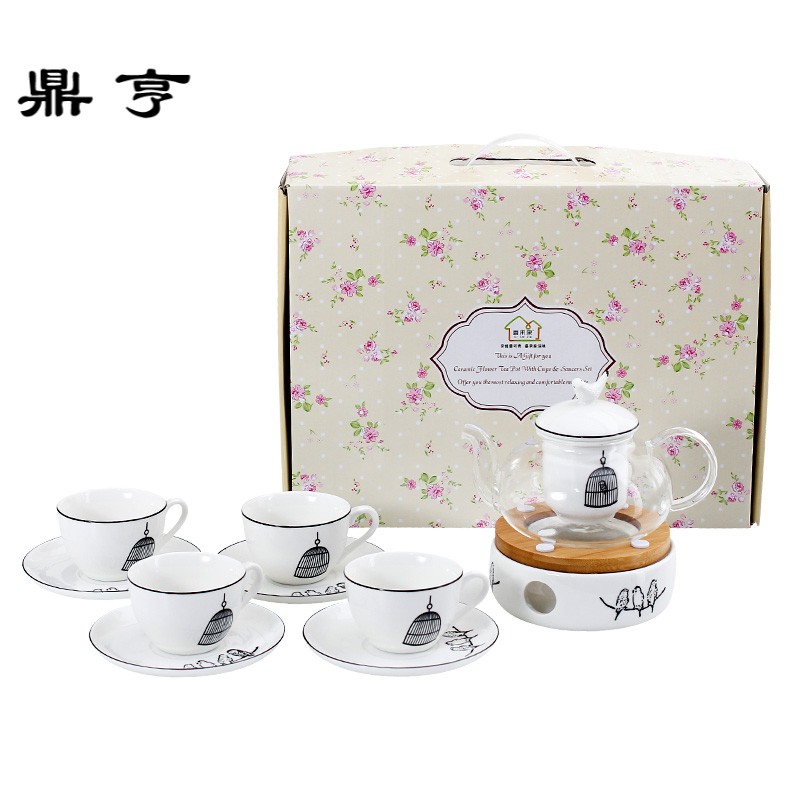 鼎亨花茶壶套装 欧式小奢下午茶茶具家用陶瓷杯碟耐热玻璃煮水果