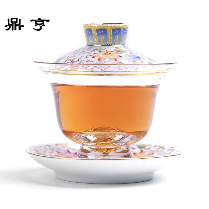 鼎亨三才玻璃盖碗耐热扒花陶瓷茶杯家用透明泡茶碗泡茶珐琅彩功夫