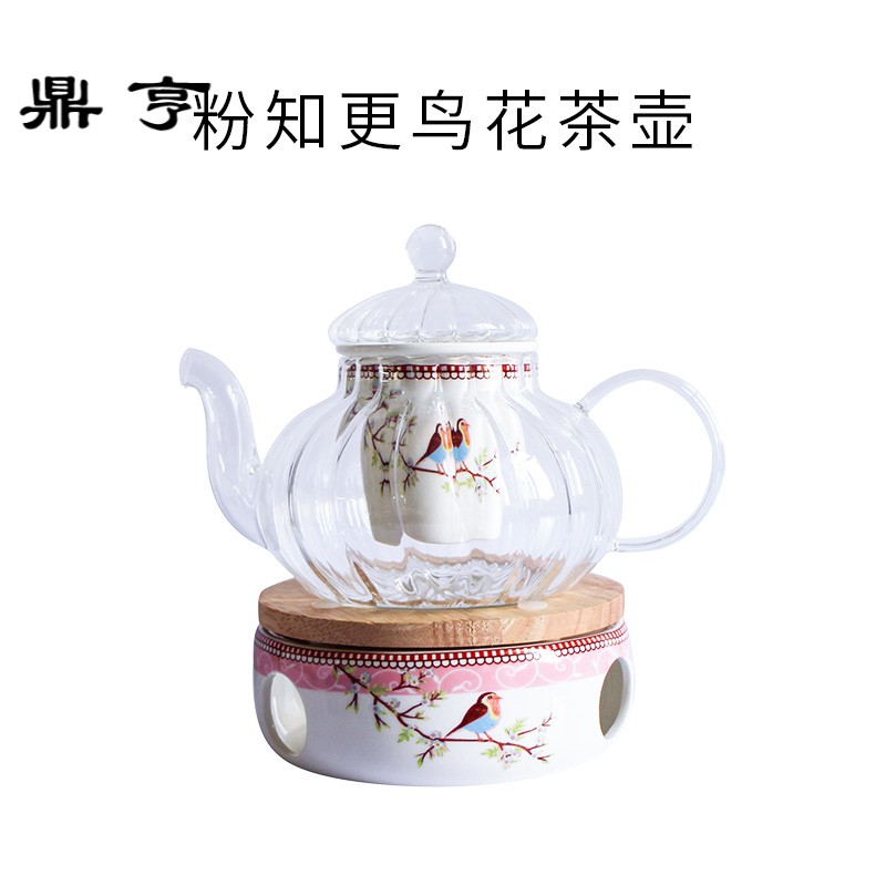 鼎亨知更鸟花茶壶玻璃 蜡烛加热茶壶 结婚茶具礼盒装 下午茶茶具