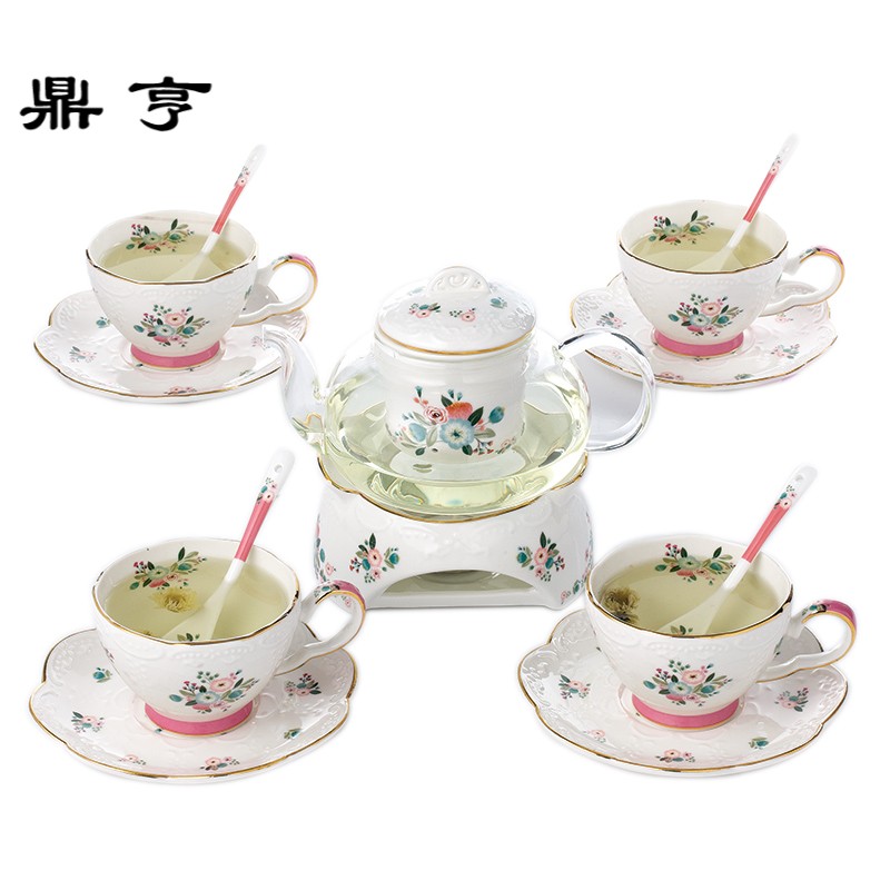 鼎亨花茶壶水果茶壶套装花茶茶具欧式耐热玻璃加热下午茶具陶瓷花