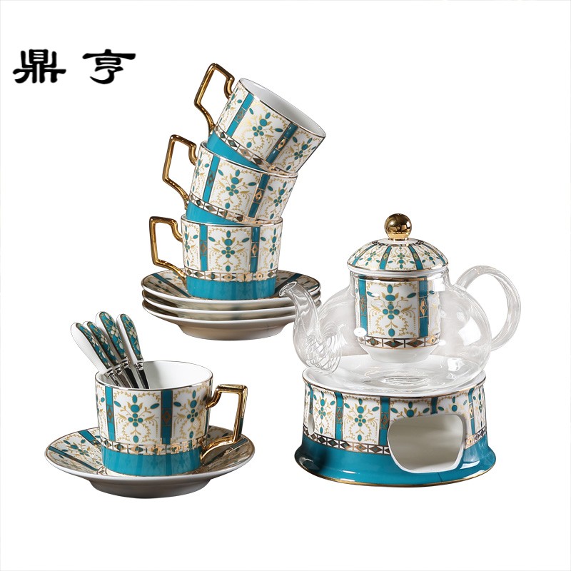 鼎亨鎏金岁月欧式陶瓷花茶具套装下午茶加热煮玻璃花茶壶花茶杯礼