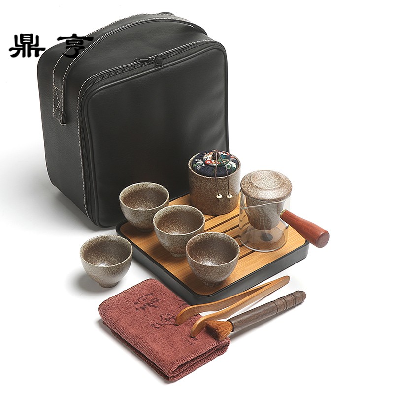 鼎亨旅行便携式功夫套装简易家用粗陶玻璃包简约茶壶泡红茶普洱茶