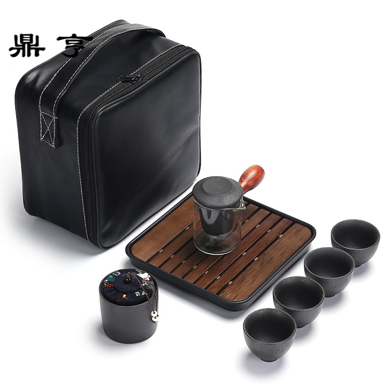 鼎亨旅行茶具套装便携式包 4人功夫玻璃过滤茶壶粗陶户外旅游车载