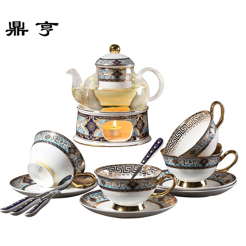 鼎亨波西米蓝欧式骨瓷花茶具套装创意蜡烛加热底座玻璃花茶壶花茶