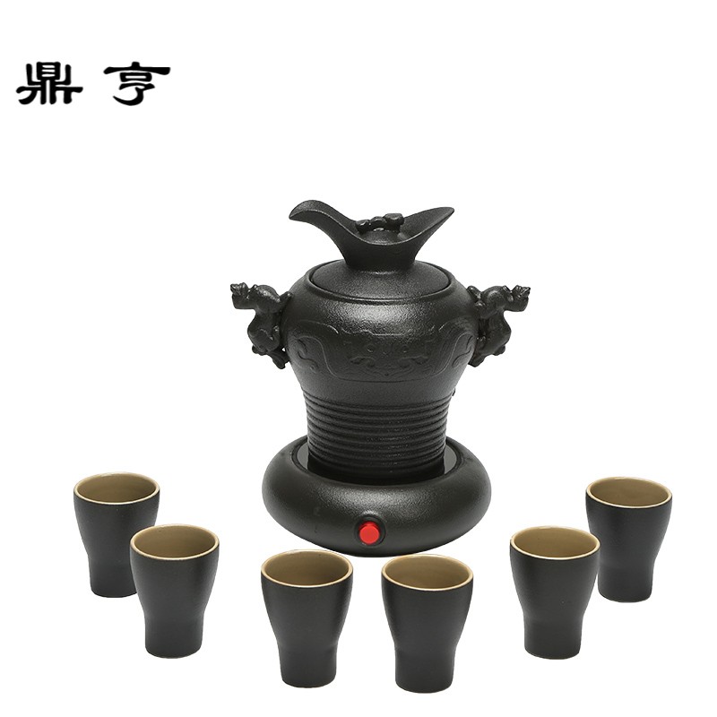 鼎亨双耳兽电加热温酒器陶瓷 烫酒壶 仿古家用白黄酒具酒杯套装免