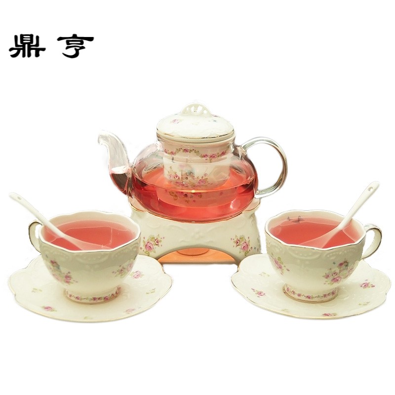鼎亨陶瓷花茶壶套装煮水果茶壶茶杯保温加厚耐高温玻璃茶具加热底
