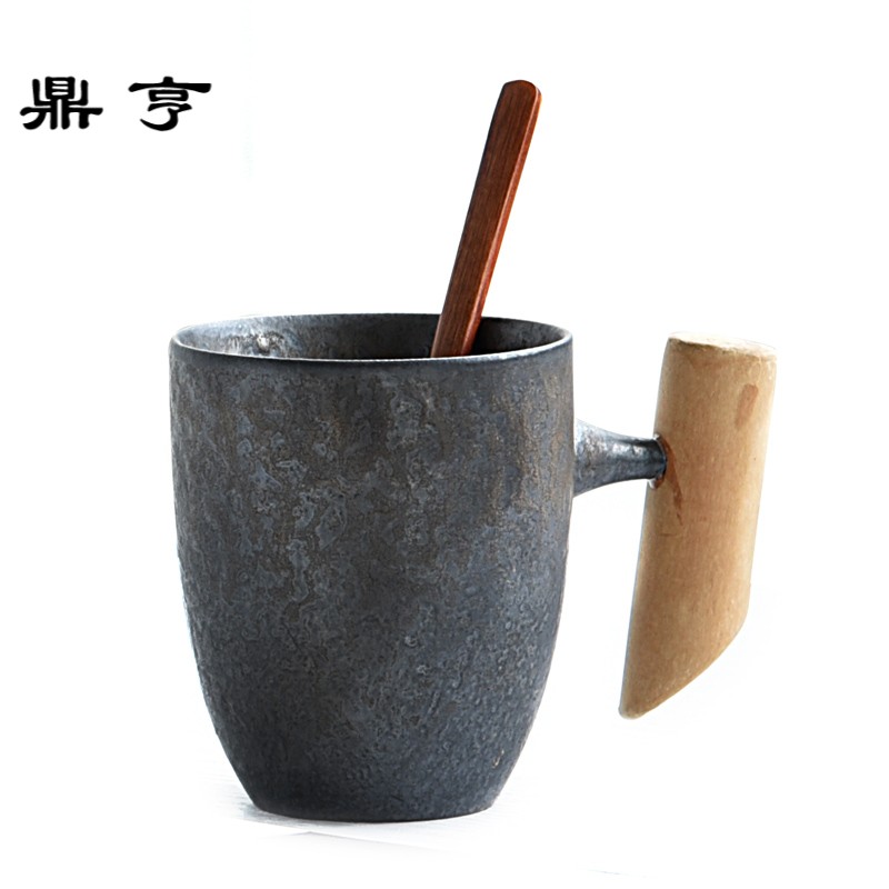 鼎亨创意手工木柄窑变马克杯带碟勺陶瓷茶杯子简约日式办公水咖啡