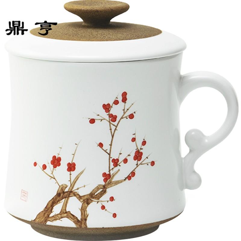 鼎亨手绘复古茶杯带盖带过滤陶瓷水杯家用泡茶自在杯中国风马克杯