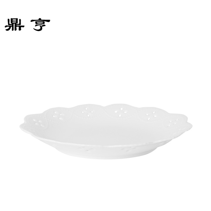 鼎亨日本制 进口欧式纯白陶瓷花型餐盘 镂空蕾丝刻果盘子 25cm