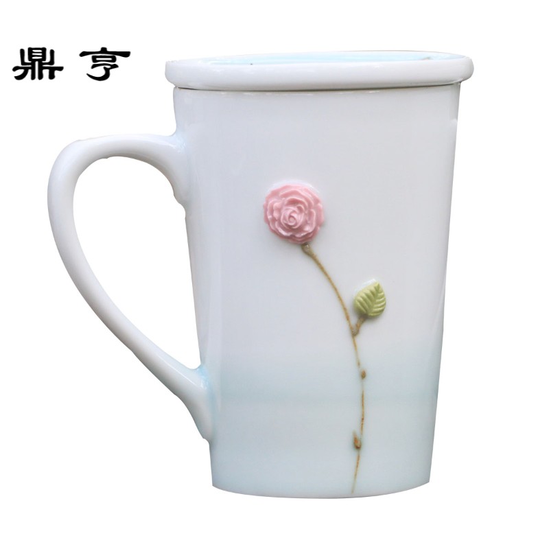 鼎亨可爱陶瓷水杯马克杯带盖勺大容量 创意定制情侣水杯咖啡杯牛