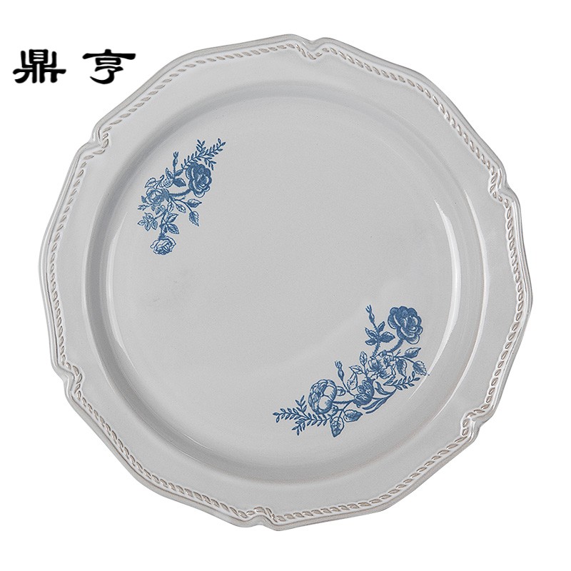 鼎亨日本进口欧式蓝色玫瑰印花复古仿古做旧陶瓷马克杯餐盘餐具大