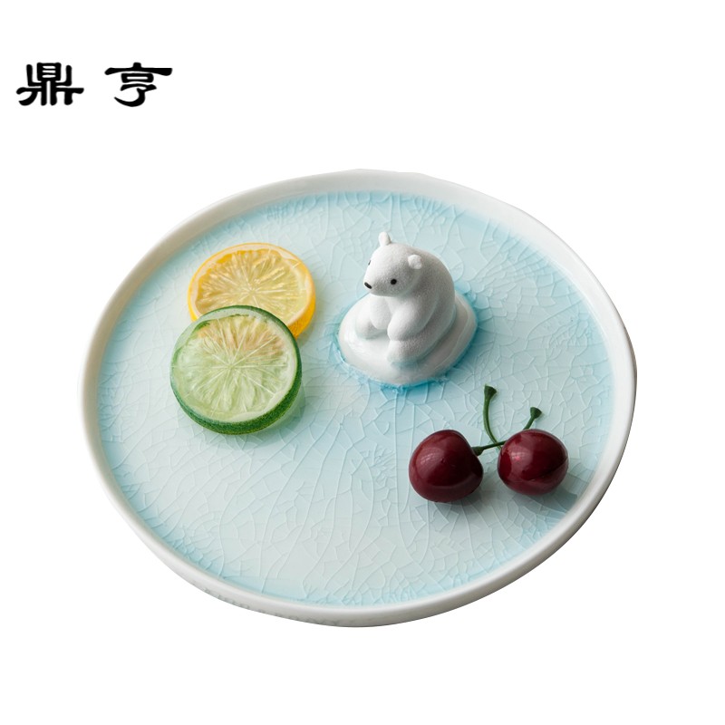 鼎亨包邮 冰裂釉北极熊创意陶瓷圆餐盘水果盘日式清新餐具甜品盘