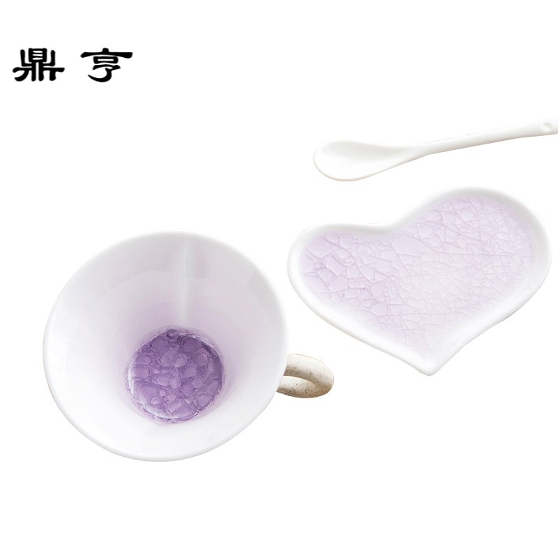 鼎亨 日式创意陶瓷杯手工咖啡杯 冰裂釉带碟带勺马克杯水杯爱心杯