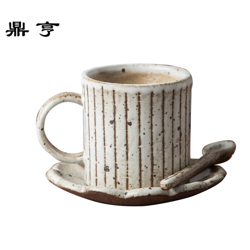 鼎亨设计师创意手工咖啡杯碟复古罗马柱陶瓷粗陶泥咖啡杯带勺花盘