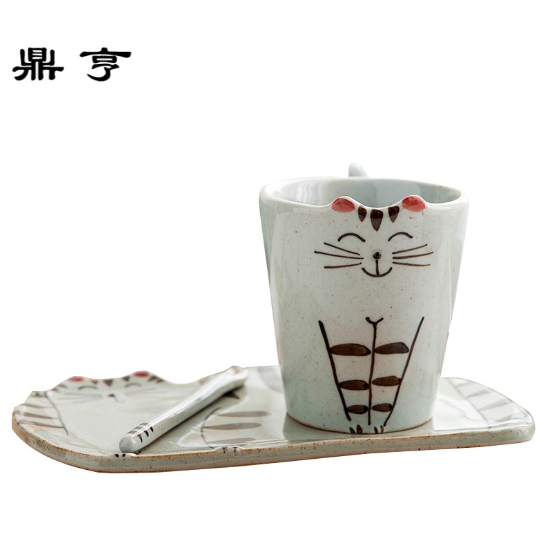鼎亨包邮 日式萌猫系列咖啡杯带碟带勺卡通趣味水杯 牛奶杯 陶瓷