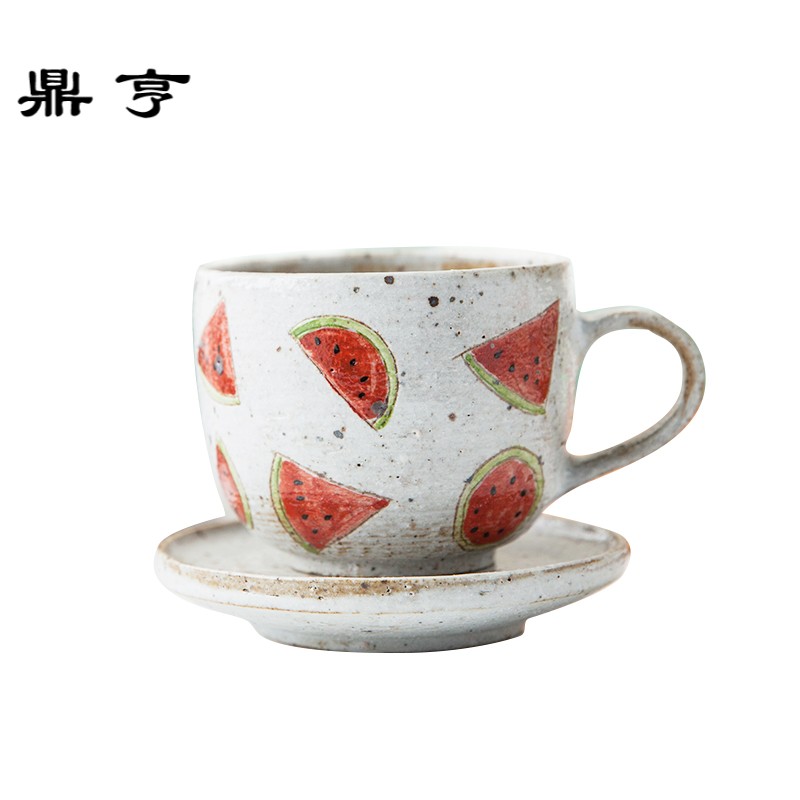 鼎亨粗陶创意日式手绘陶瓷马克杯卡通可爱杯子咖啡杯西瓜杯碟送勺
