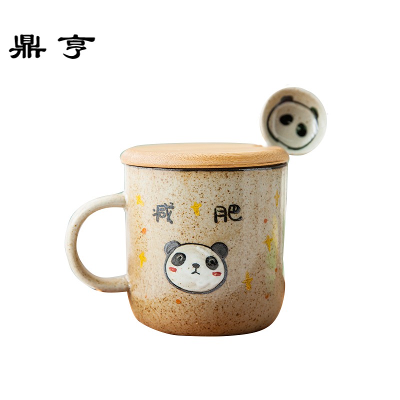 鼎亨定制创意手工粗陶陶瓷马克杯咖啡杯带勺盖情侣熊猫情侣杯