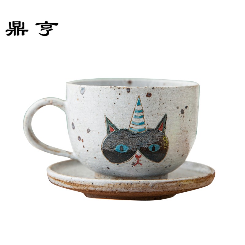 鼎亨粗陶创意 日式手绘陶瓷马克杯卡通杯子咖啡杯带碟牛奶杯喵咪