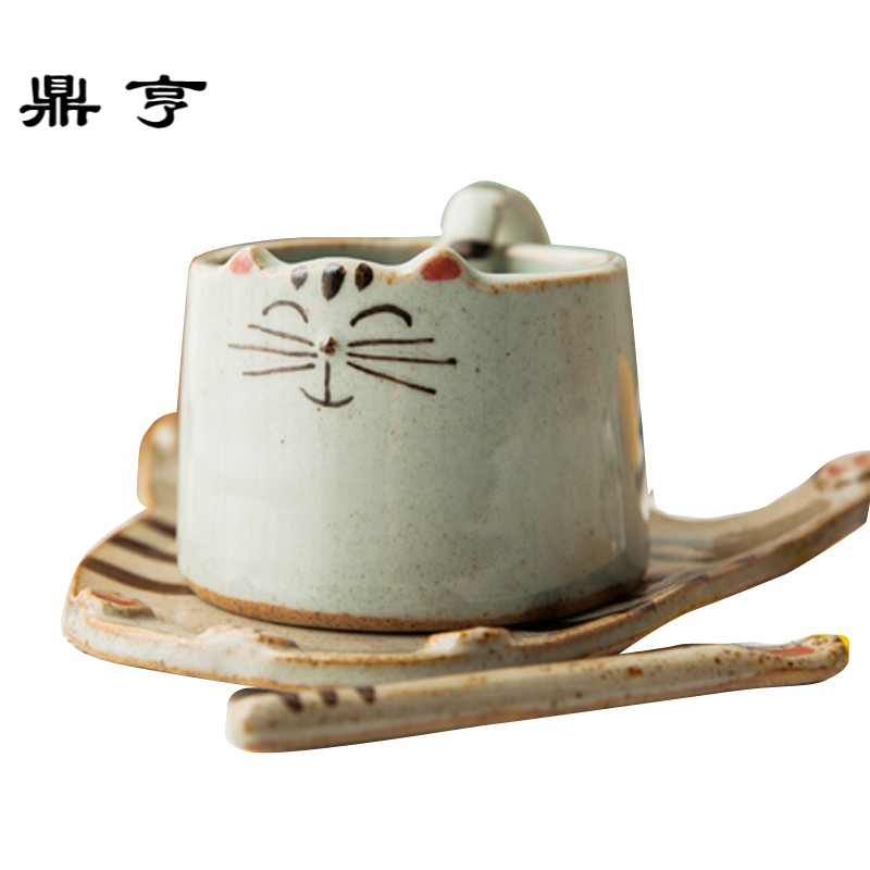 鼎亨包邮定制 日式萌物猫咪陶瓷杯手工 咖啡杯带碟带勺卡通趣味水