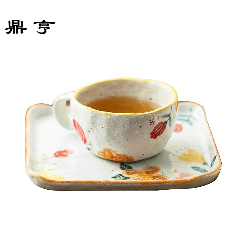 鼎亨设计师手作 纯手捏陶瓷杯手工 咖啡杯带碟带勺复古手绘花杯碟