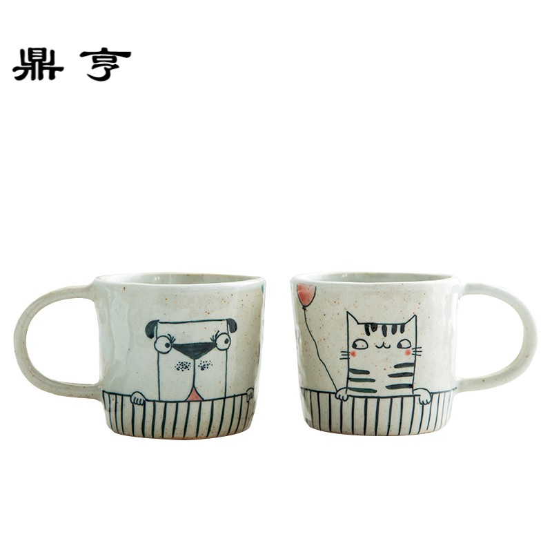 鼎亨创意马克杯卡通陶瓷杯子咖啡杯牛奶杯手绘萌物猫狗杯送勺 包