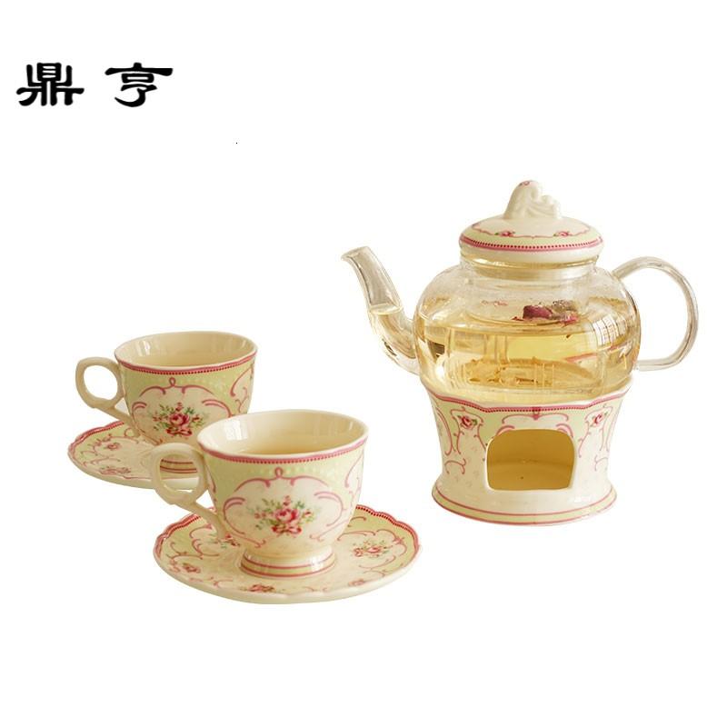 鼎亨英式陶瓷玻璃花茶茶具套装耐热玻璃过滤加热小花茶壶茶具泡茶