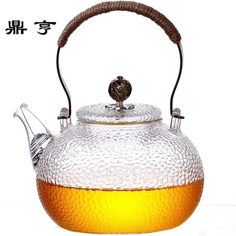 鼎亨日式锤纹耐高温玻璃壶煮茶壶电陶炉专用烧水壶铜把玻璃提梁壶
