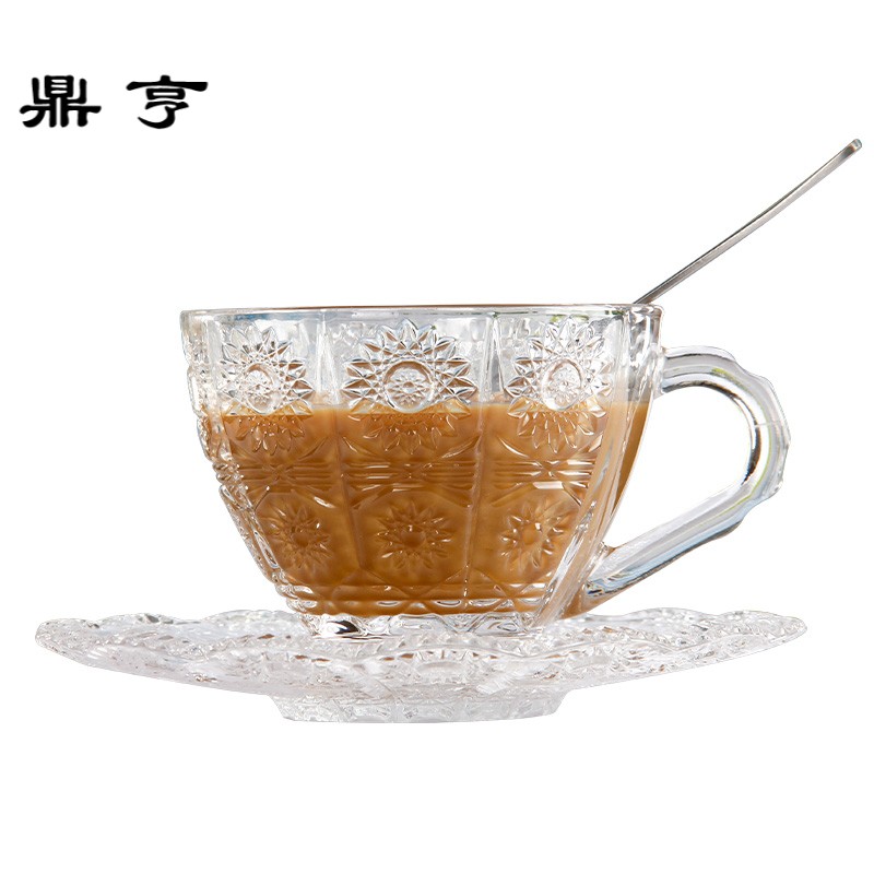 鼎亨玻璃杯加碟咖啡杯欧式创意复古浮刻花透明茶水饮品甜品杯