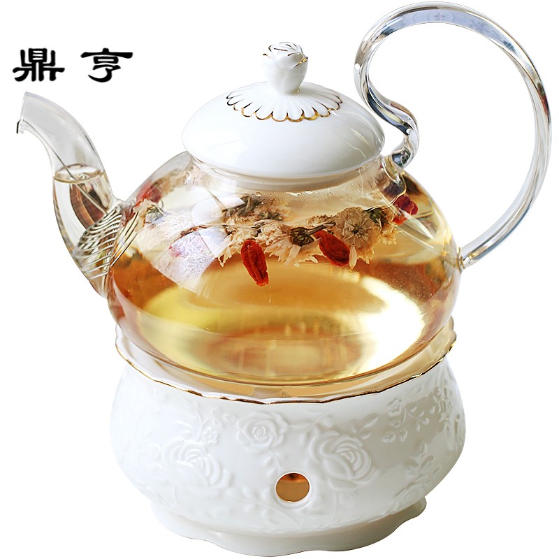 鼎亨欧式花茶壶套装 蜡烛加热水果茶壶 陶瓷花茶杯套装 玻璃花茶