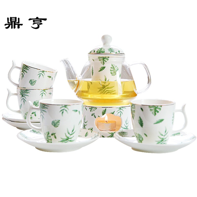 鼎亨陶瓷花茶壶花茶具套装 蜡烛加热水果茶壶 花茶杯套装 玻璃泡