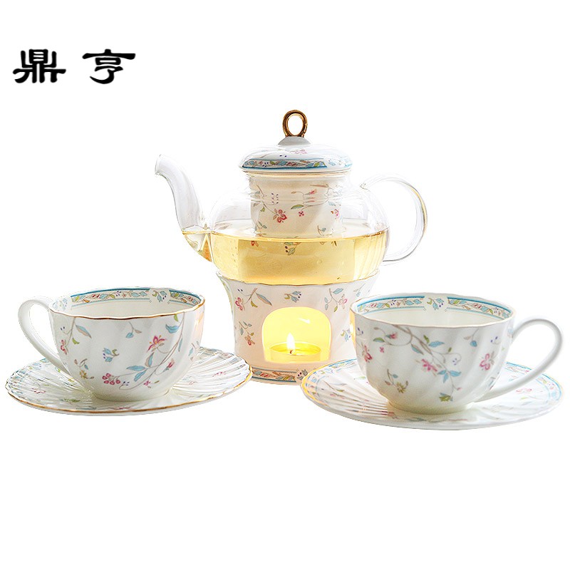 鼎亨 骨瓷花茶壶套装欧式水果茶壶陶瓷玻璃 蜡烛加热花茶茶具