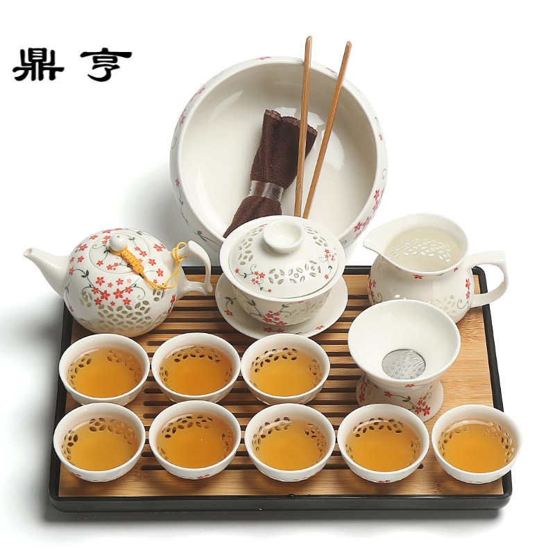 鼎亨陶瓷透明镂空功夫茶具套装家用办公茶盘托盘茶杯盖碗茶壶茶洗