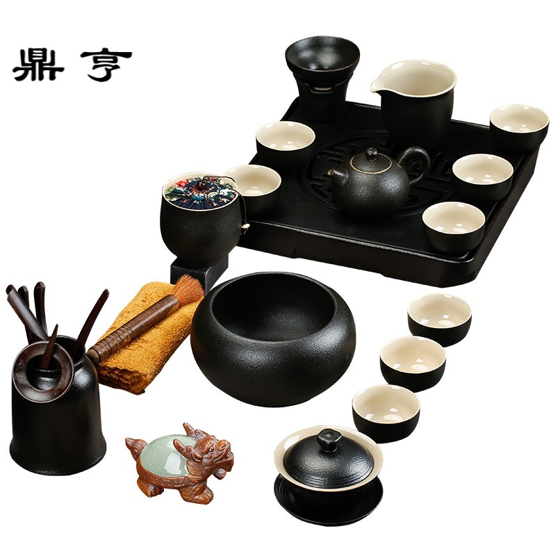 鼎亨茶具套装家用简约现代客厅整套日式功夫茶具黑陶干泡茶盘茶壶