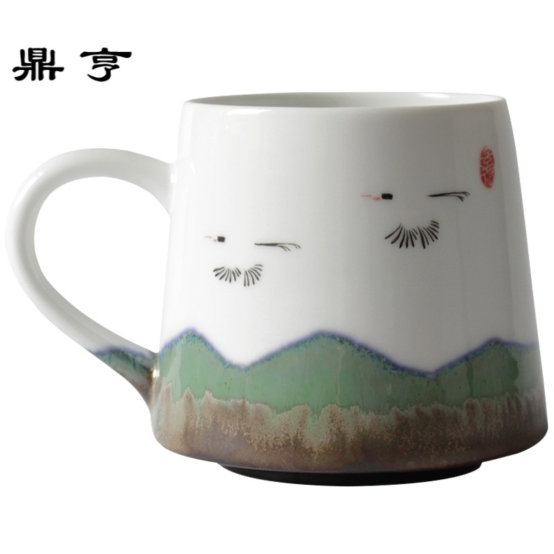 鼎亨手绘飞鹤文艺陶瓷杯白色创意马克杯简约咖啡杯带盖勺茶杯