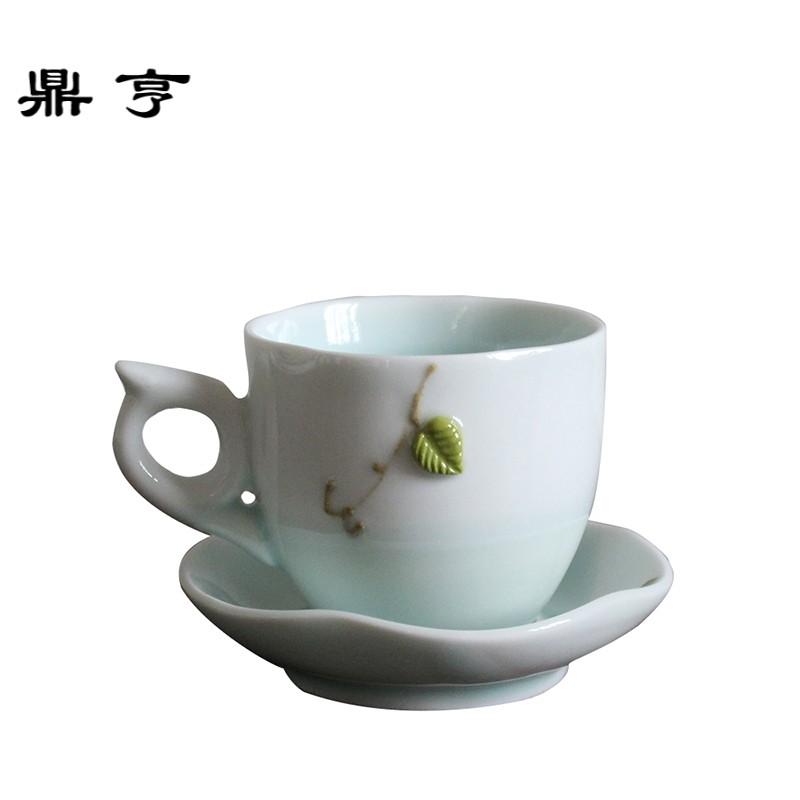 鼎亨手工捏制绿叶清新陶瓷咖啡杯带碟勺创意下午茶咖啡杯情侣定制