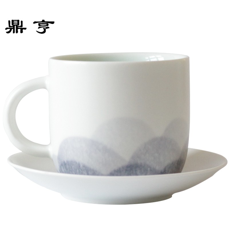 鼎亨手工手绘远山陶瓷咖啡杯中式带碟勺马克杯创意意境早餐杯定制