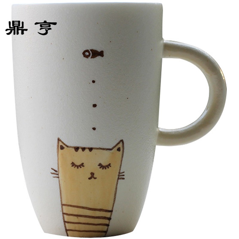 鼎亨创意手绘猫咪陶瓷杯子磨砂个性马克杯带盖勺情侣杯定制生日礼