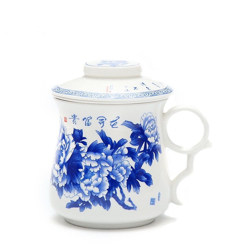 鼎亨青花瓷个人杯陶瓷办公杯带过滤泡茶杯子礼盒装手柄杯喝茶杯