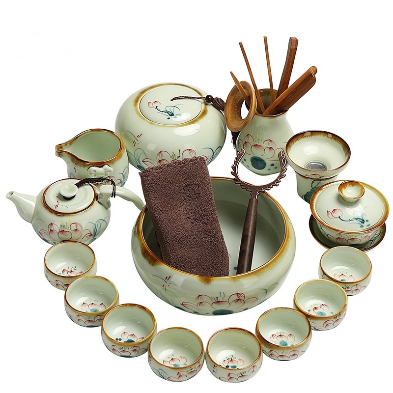 鼎亨景德镇手绘功夫茶具套装简约家用纯手工青花瓷荷花陶瓷茶壶茶