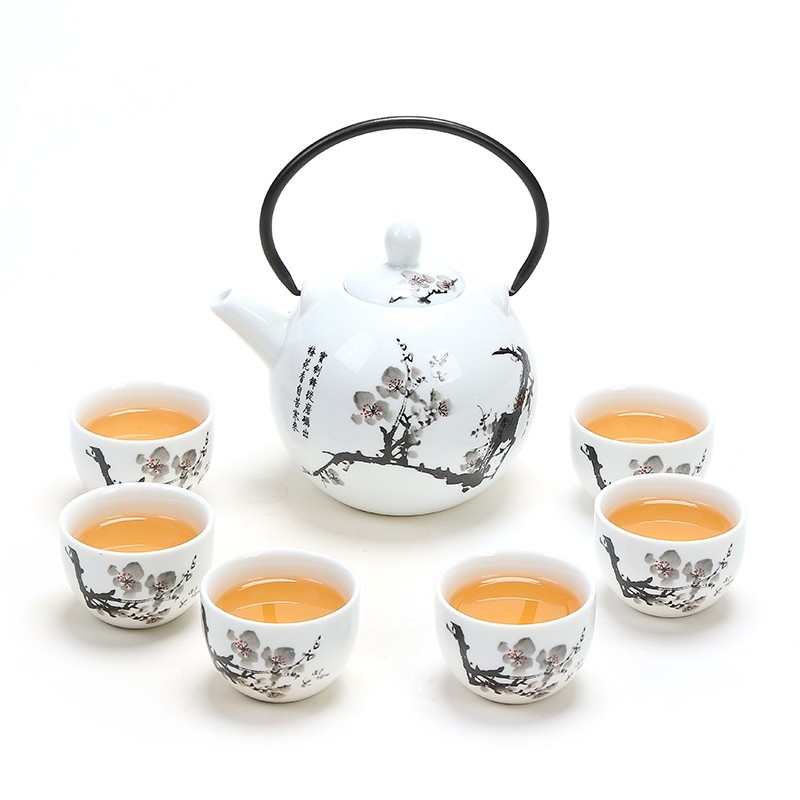 鼎亨日式提梁壶茶具整套一壶六杯陶瓷大号茶壶家用泡茶具青花瓷景